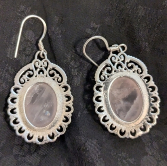 Vintage Style Sterling Silver Genuine Rose Quartz Filigree Type Earrings - Picture 3 of 8